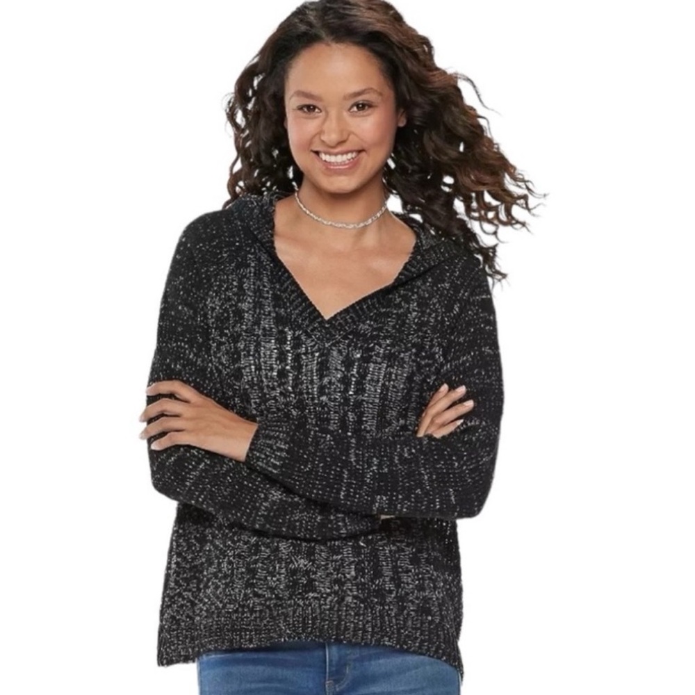 SO Black V-Neck Chenille Long Sleeve Hooded Sweater Size Medium